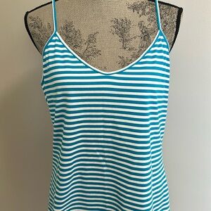 Talbots V Neck Sleeveless Spaghetti Strap Teal/White Stripe Cotton TankTop Sz XL